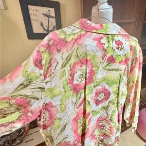 JM Collection Floral Linen-Blend Button Front Top - Pink & Green